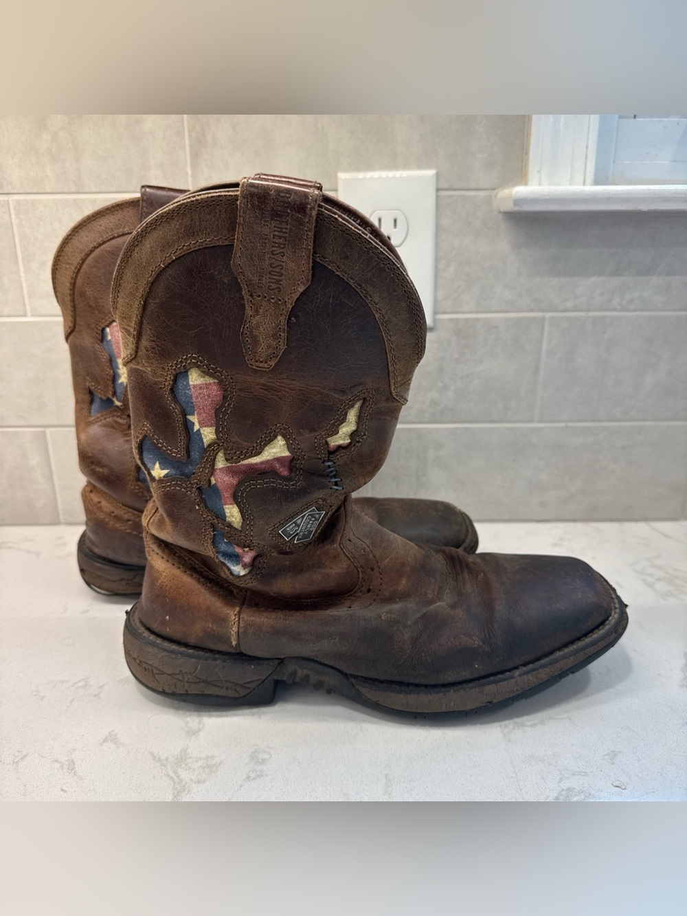 Brothers and Sons Brown Leather Western Work Boots with Flag Inlay Mens 10.5D